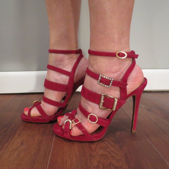 TABITHA SIMMONS Red Suede High Heel Buckle Design Sandals - Picture 6 of 14